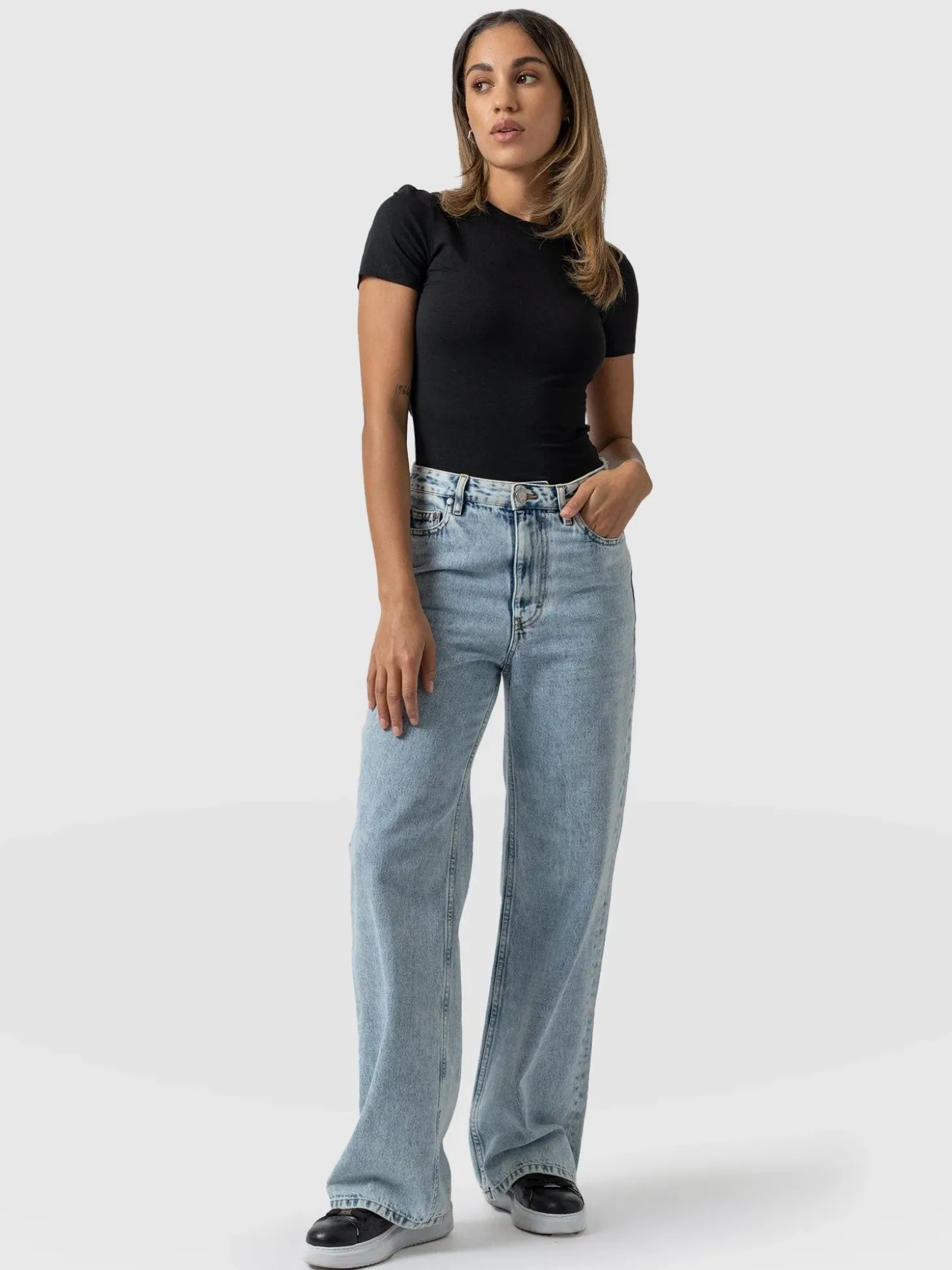 Adjustable Wide Leg Jeans - Pale Blue