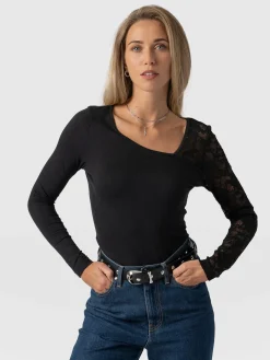 Aimee Cut Out Long Sleeve Tee - Black Lace