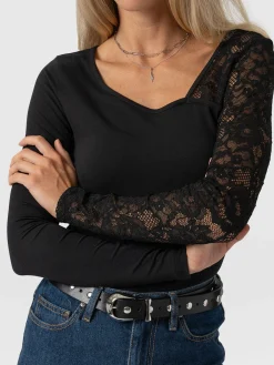 Aimee Cut Out Long Sleeve Tee - Black Lace