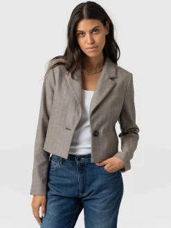 Astrid Cropped Blazer - Brown Herringbone