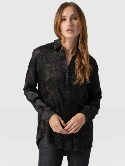 Boyfriend Shirt - Black & Gold Floral Burnout