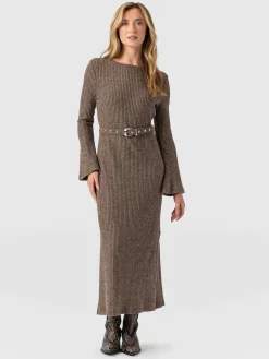 Callie Fluted Midi Dress - Beige