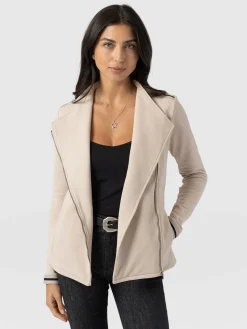 Cotton Biker Jacket-Light Beige-Black/Cream Stripe