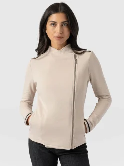 Cotton Biker Jacket-Light Beige-Black/Cream Stripe