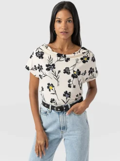 Cowl Neck Tee - White Spring Floral