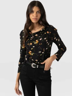 Cowl Neck Tee Long Sleeve - Black Floral