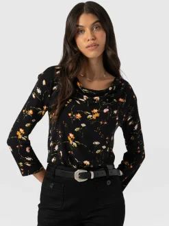 Cowl Neck Tee Long Sleeve - Black Floral