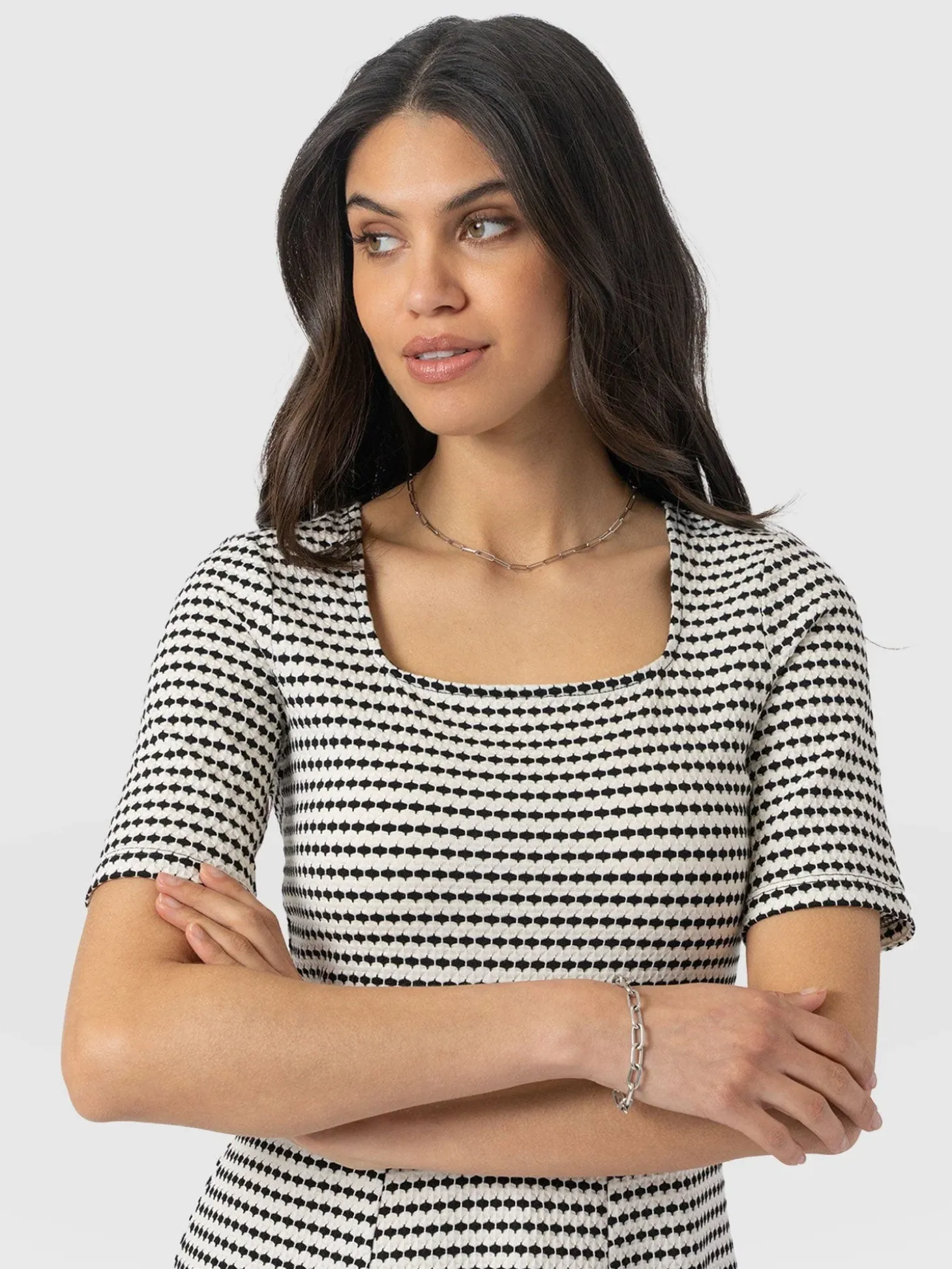 Darcey Short Sleeve Flared Dress - Monochrome Jacquard