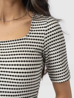 Darcey Short Sleeve Flared Dress - Monochrome Jacquard