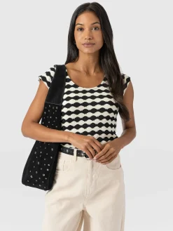 Elise Scoop Neck Tee - Black/Cream