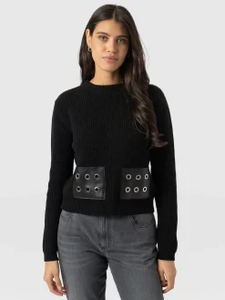 Eyelet Rib Knit Sweater - Black