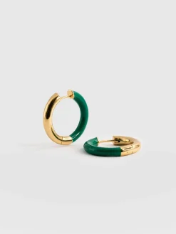 Gold Enamel Hoop Earrings - Gold/Green