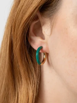Gold Enamel Hoop Earrings - Gold/Green