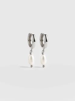 Jacqueline Pearl Huggie Earrings - Silver