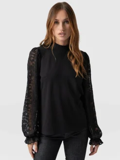 Lace Penny Puff Long Sleeve Top - Black