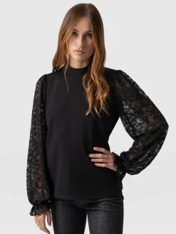 Lace Penny Puff Long Sleeve Top - Black