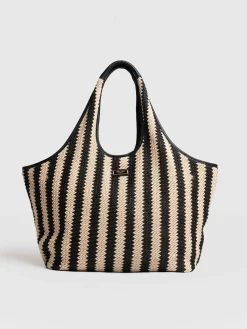 Large Stella Shoulder Tote Bag - Beige/Black Raffia