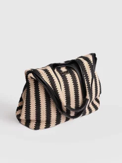 Large Stella Shoulder Tote Bag - Beige/Black Raffia