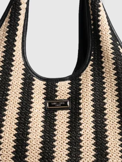 Large Stella Shoulder Tote Bag - Beige/Black Raffia