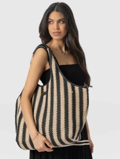 Large Stella Shoulder Tote Bag - Beige/Black Raffia