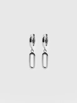 Oval Charm Drop Huggie Earrings - Silver