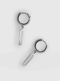 Oval Charm Drop Huggie Earrings - Silver
