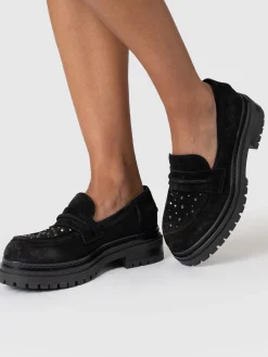 Raine Studded Loafer - Black Suede