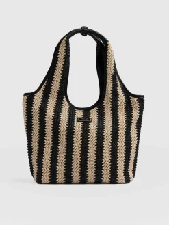 Stella Shoulder Tote Bag - Beige/Black Raffia