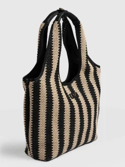 Stella Shoulder Tote Bag - Beige/Black Raffia