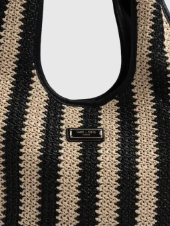 Stella Shoulder Tote Bag - Beige/Black Raffia