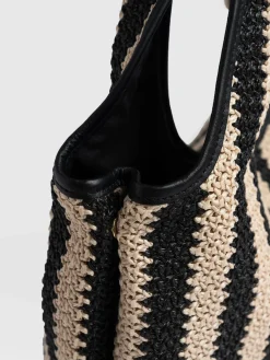 Stella Shoulder Tote Bag - Beige/Black Raffia
