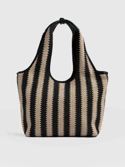 Stella Shoulder Tote Bag - Beige/Black Raffia