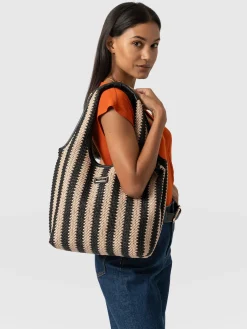 Stella Shoulder Tote Bag - Beige/Black Raffia