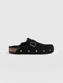 Studded Clogs - Black Shearling