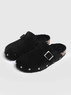 Studded Clogs - Black Shearling