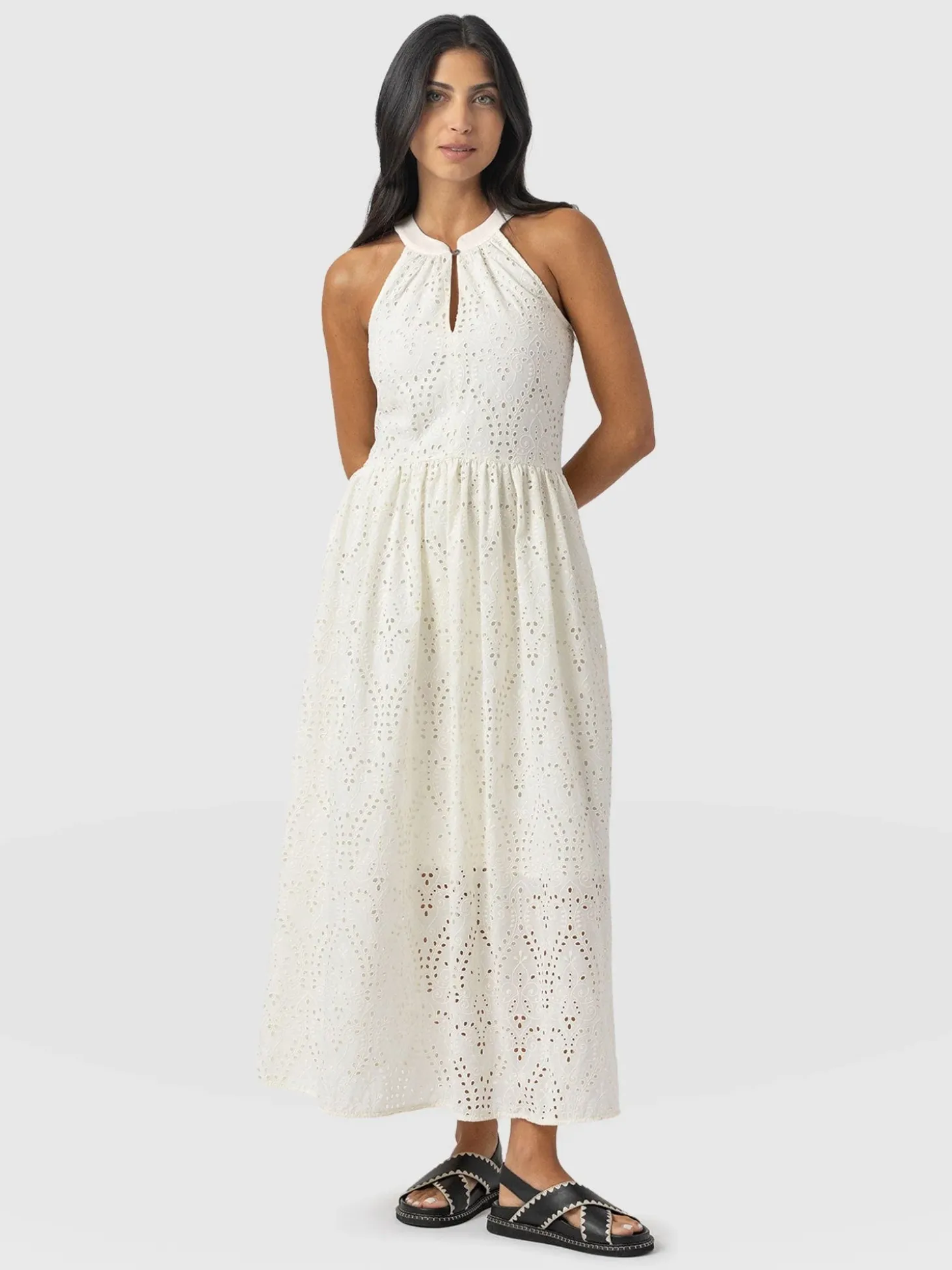 Zoey Halter Neck Dress - White Broderie