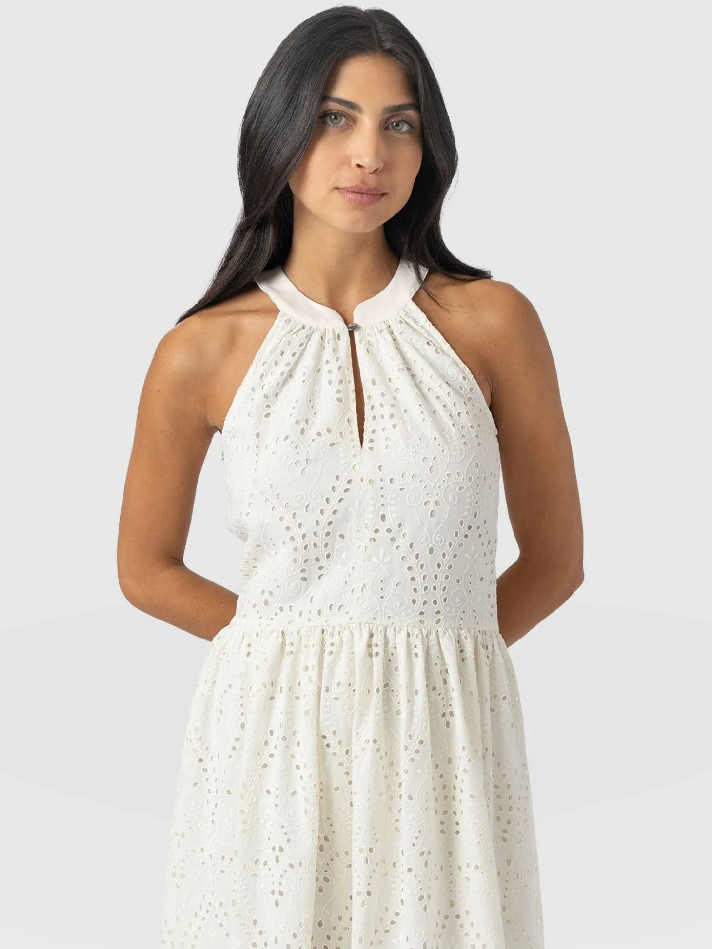 Zoey Halter Neck Dress - White Broderie